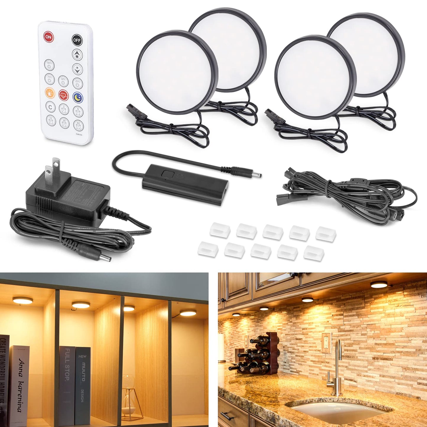 Skorter | Wobane LED Under Cabinet Light, Dimmable Puck Light, 700 Lumen, Warm White, Set of 4
