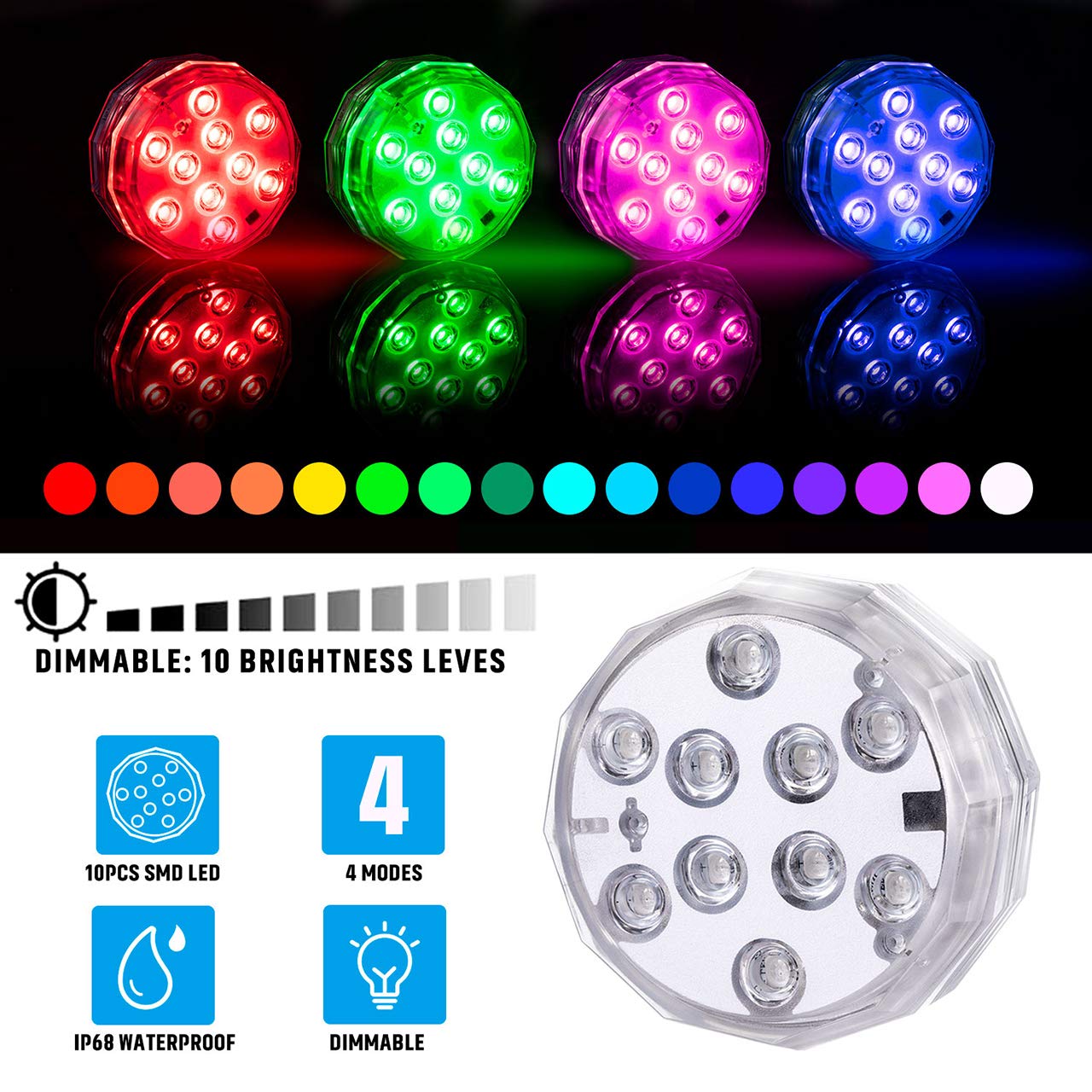 Skorter | Tepenar Submersible LED Pool Lights, Waterproof Remote Controlled Color Changing, 4 Pack