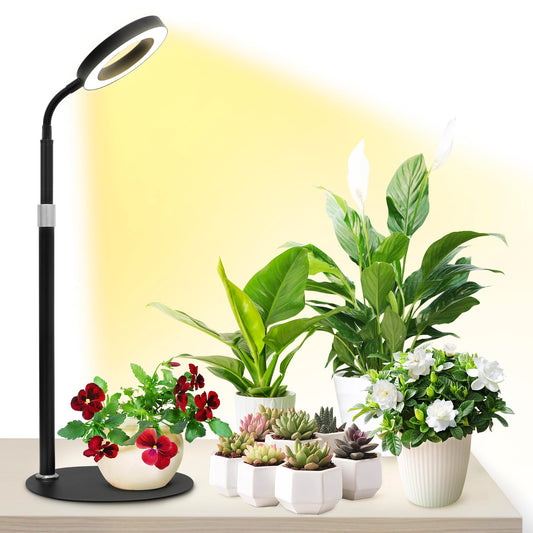 Skorter | Grow light for indoor plants, red blue yellow full spectrum desk small LED halo plant growth light with stand, automatic timer, 24.2 inches height adjustable, 10 dimmable levels, 3 light modes, black