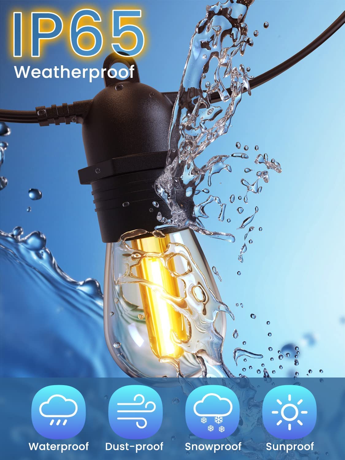 Skorter | Festoon Lights Outdoor, 53FT/16M S14 Outdoor Garden LED String Lights, IP65 Waterproof Outdoor String Lights Main Power 2700K 15+1(Replacement) Bulbs for Outdoor Patio Terrace Yard Wedding Party