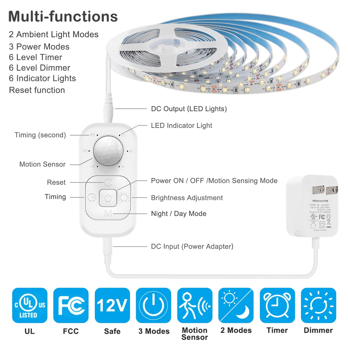 Skorter | Speycer Motion Sensor LED Strip Lights, Warm White 16.4Ft, Dimmer & Timer For Indoor Use