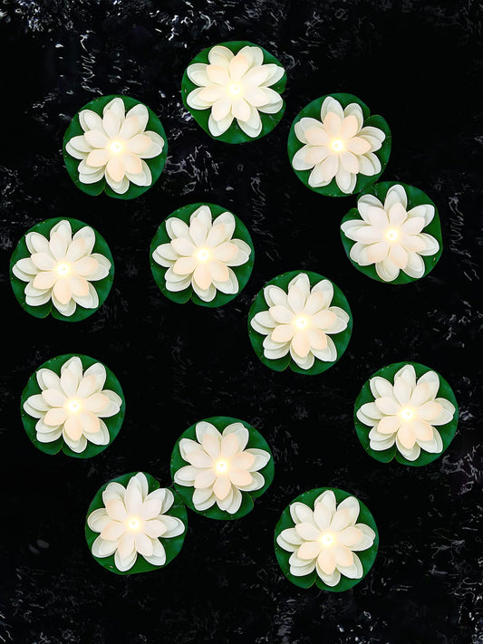 Skorter | Hortsun 12 Pcs Floating Pool Lights Artificial Lotus Lamp Lotus Floating Lanterns Led Lifelike Flower Lights Battery Powered Pad Swimming Pool Decorations (Includes Batteries) (10 cm, White)