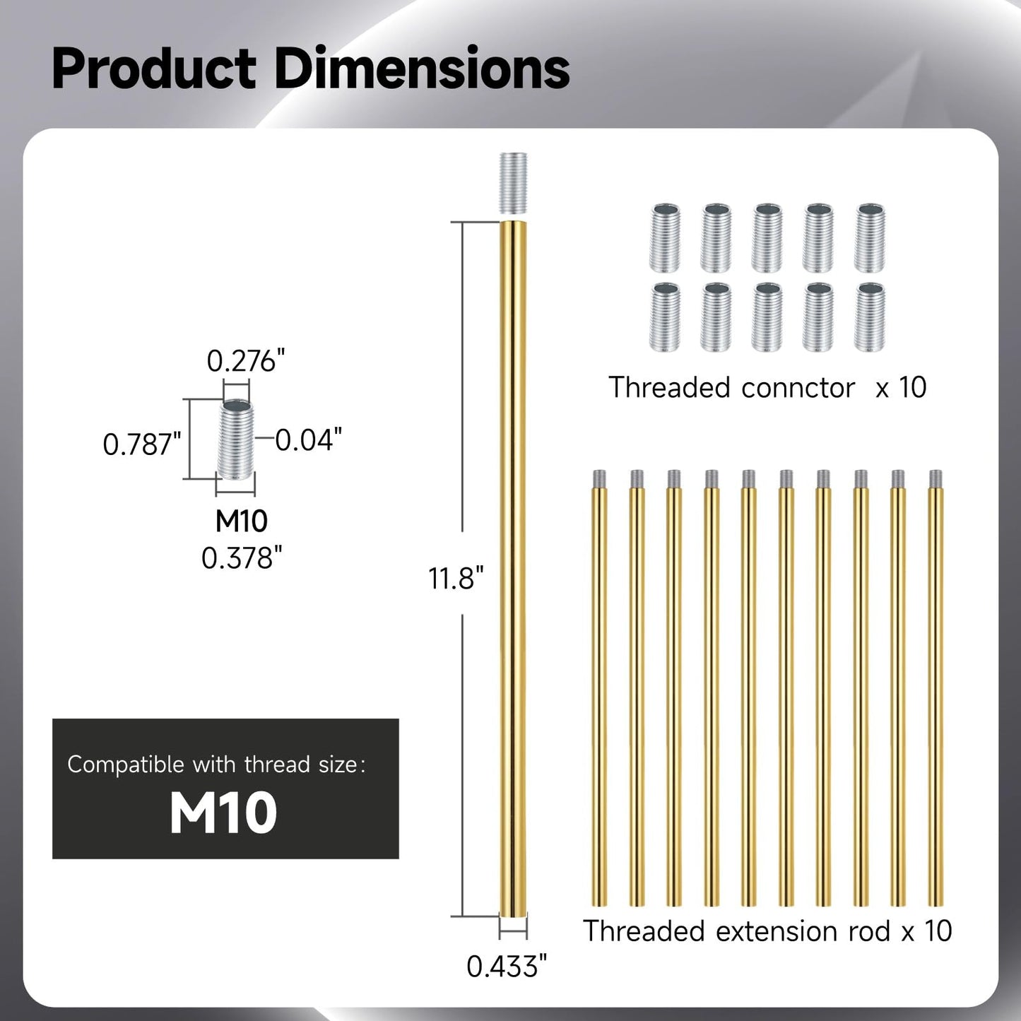 Skorter | Lnrueg 12&quot; Light Gold M10 Threaded Rod - 10 Pcs For Pendant Lamps & Crowns