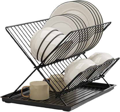 Skorter | Folding Dish Drying Rack – 2-Tier Countertop Drainer with Detachable Tray – Kelvra