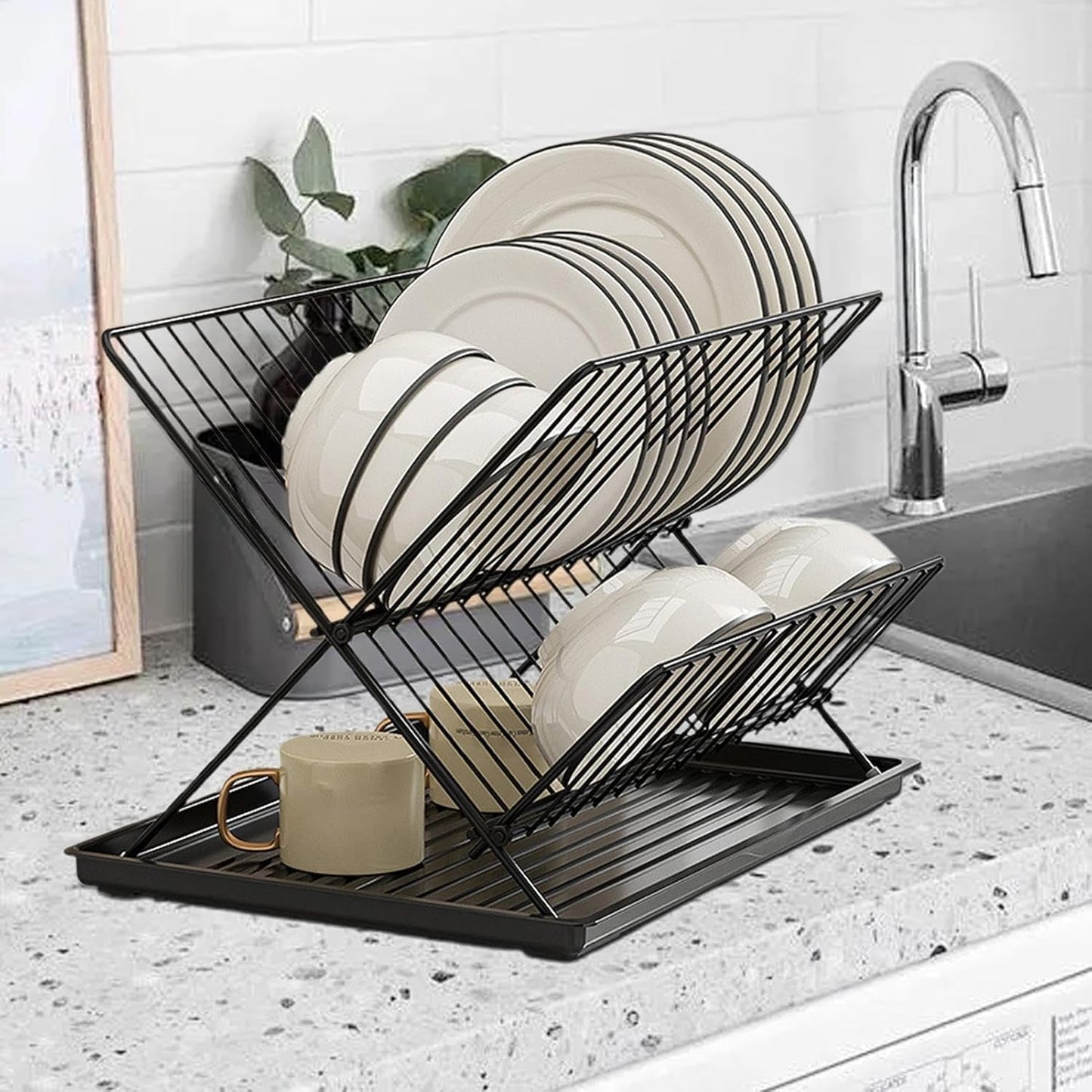 Skorter | Folding Dish Drying Rack – 2-Tier Countertop Drainer with Detachable Tray – Kelvra