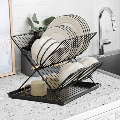 Skorter | Folding Dish Drying Rack – 2-Tier Countertop Drainer with Detachable Tray – Kelvra