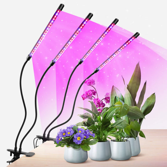 Skorter | Growstar Plant Lighting For Indoor Growth, Red Blue Spectrum 4 Head Clamp Grow Lights With 10 Foot Cables For Germination Flowering And Fruiting (2 Pack)