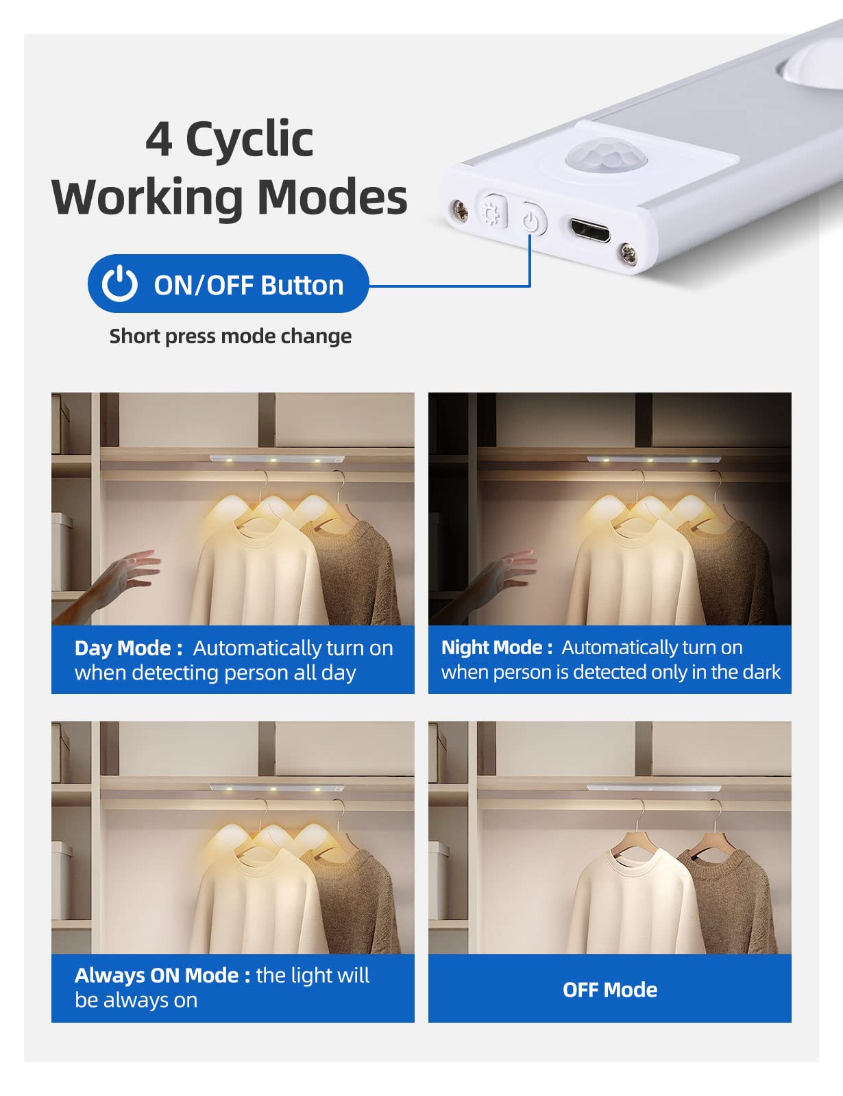 Skorter | Garto Silver LED Under Cabinet Motion Sensor Light, 60 cm, 2 Pack, USB Rechargeable