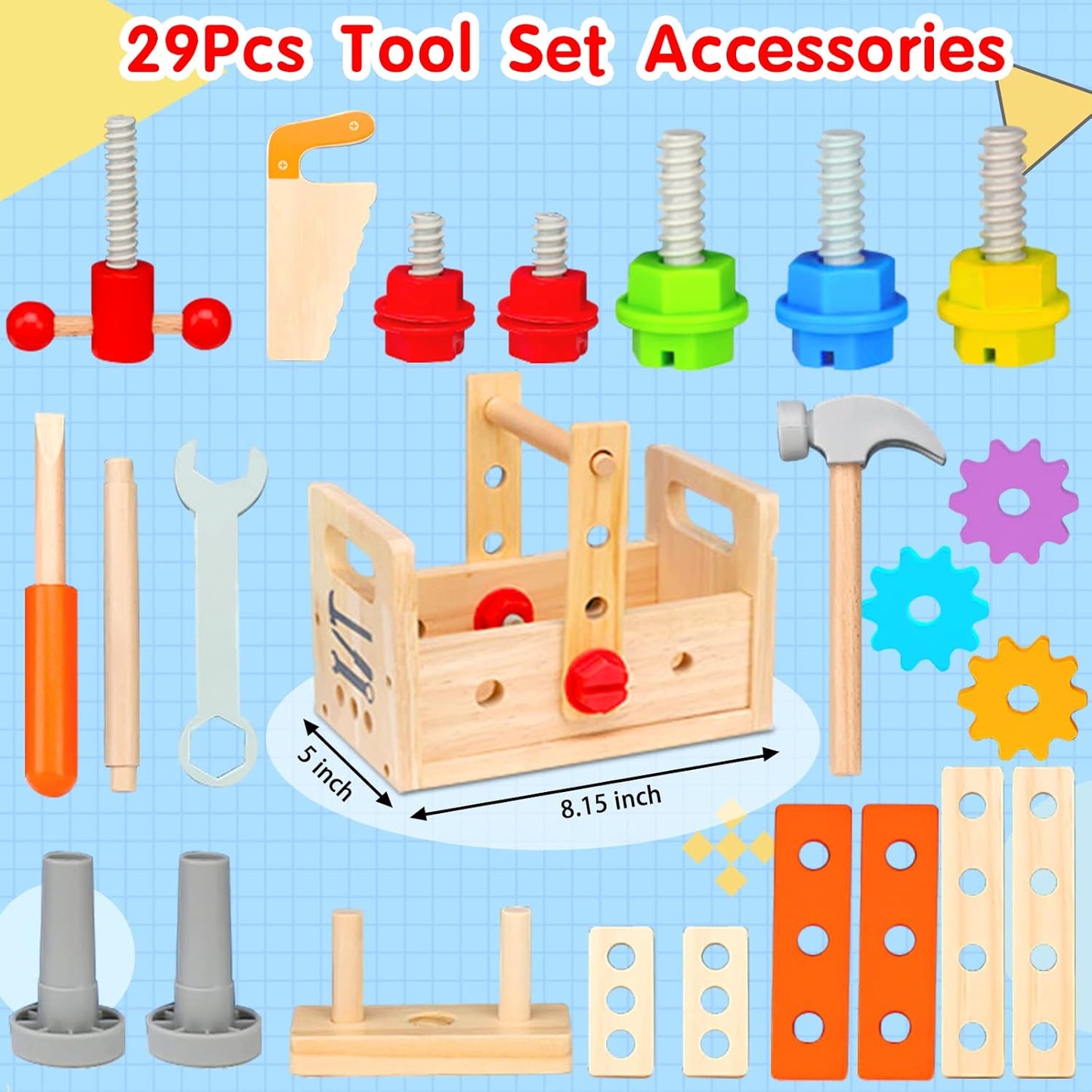 Skorter | 29-Piece Wooden Tool Box Set | Montessori STEM Educational Construction Toy for Kids Aged 2 to 6