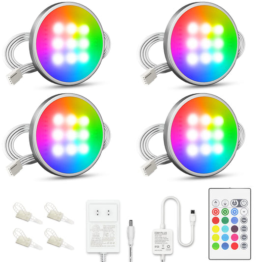 Skorter | Myplus Rgb Under Cabinet Lighting Kit - 4 Puck Lights With Remote Control, Color Changing Leds