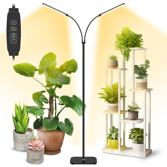 Skorter | Growth Light Dual Head Plant Light For Indoor Growth, 30W 144Leds Full Spectrum Wide Lighting Area, 5.5Ft Height Telescopic Stand, Dimmable, Automatic On/Off Timer, Floor Grow Lamp For Various Plants