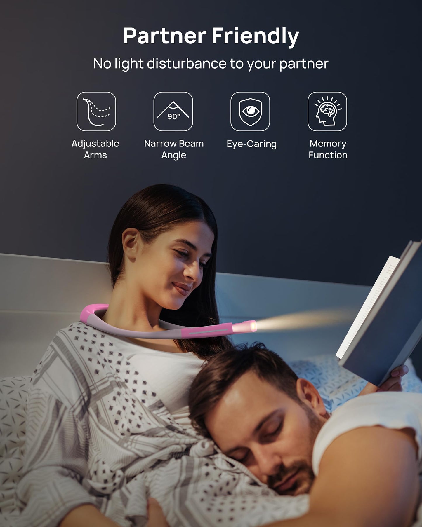 Skorter | Trond LED Neck Reading Light - 3 Colors, 3 Brightness Levels, Rechargeable, Eye-Friendly, Rose Red