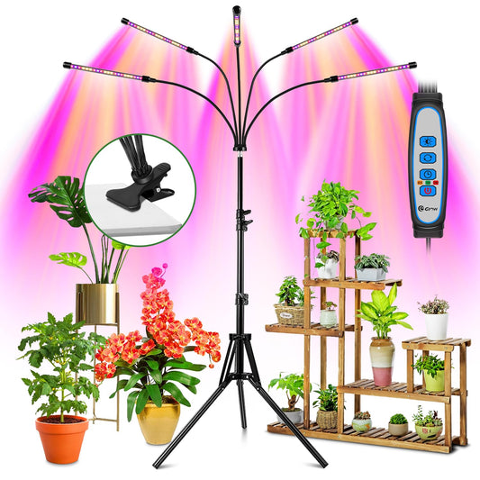 Skorter | Wolezek Growth Light For Indoor Plants, Full Spectrum Led Plant Growth Light With Adjustable Stand And Solid Clip, 5-Head Plant Light With Auto 6/12/16H Timer, 3 Light Modes, 5 Levels Dimmable