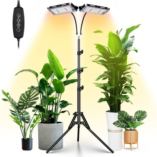 Skorter | Lordem Growth Light With Stand, Full Spectrum Led Plant Light For Indoor Plants, 200W Dual Head Growth Lamp With Automatic ON/OFF Timer, 3 Lighting Modes, 6 Dimmable Levels, Adjustable Stand 15-63 Inches