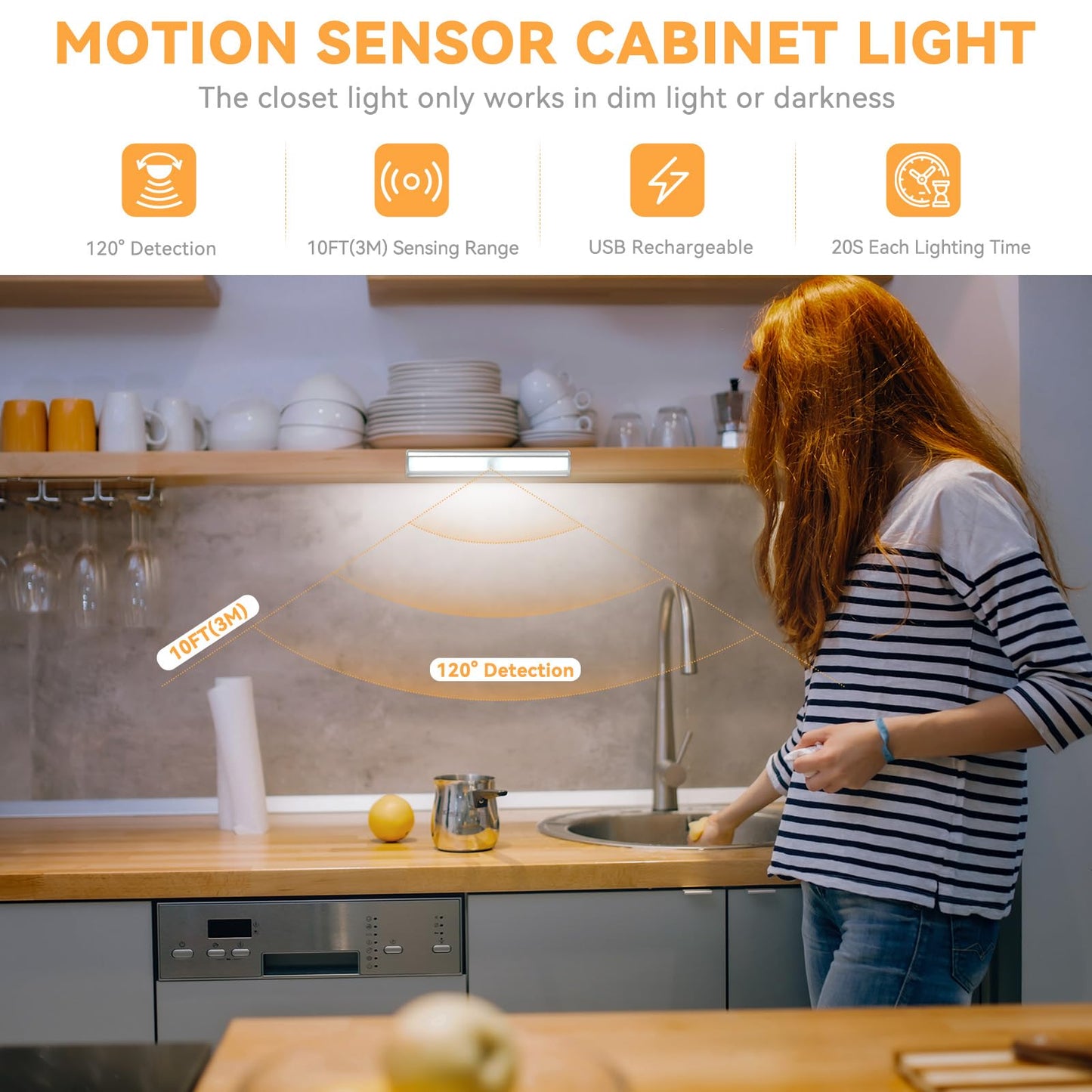 Skorter | Oxyled 10 Led Under Cabinet Light, Rechargeable Motion Sensor Night Light Bar, 3 Pack, Pure White