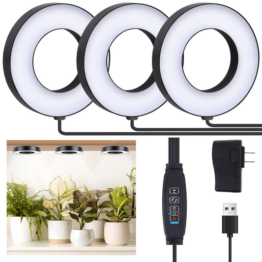 Skorter | Aopeids 144 LED grow light for indoor plants full spectrum 5000K, upgraded 3 lighting modes, plant light with automatic on/off timer 4/8/12H, Halo light grow light 10-level dimmable (black, tri-head)