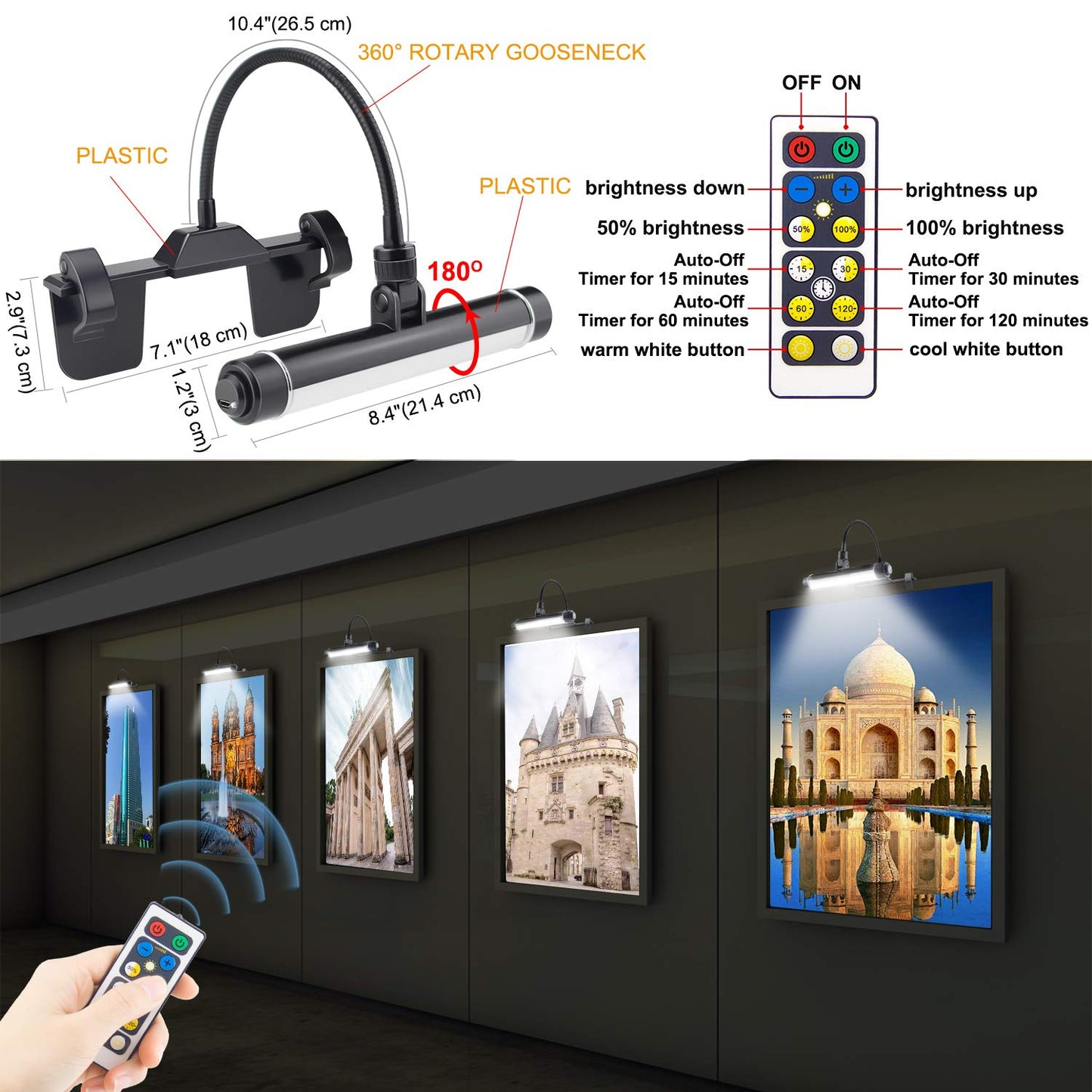 Skorter | Bigmonat Wireless LED Picture Lighting, Rechargeable Clip Picture Lamp with Timer and Dimmable Modes