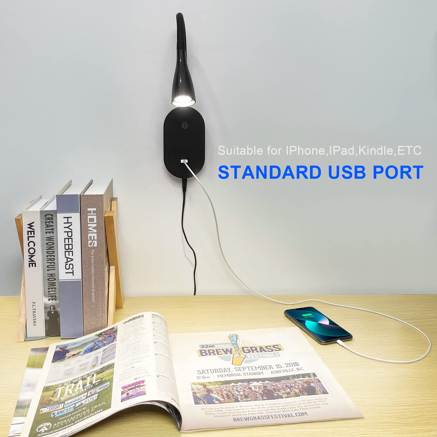 Skorter | Topmb Wall Lamp for Reading - Touch Control, Usb Output, 5 Dimmable Led, Flexible Goose Neck, Black