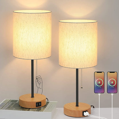 Skorter | Table lamp set of 2 with USB charging ports, gray bedside lamps with AC outlet, bedside lamps with pull switch, minimalist modern desk lamps with fabric shade for living room bedroom office