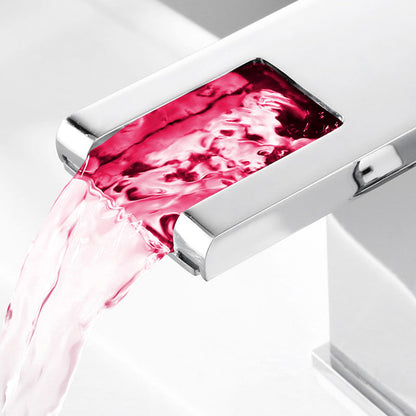 Skorter | Contemporary Square Vessel Faucet Waterfall Spout with LED Three-Color Illumination