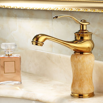 Skorter | Deck Mounted Copper Tub Faucet Low Arc Roman Tub Faucet Set with Jade