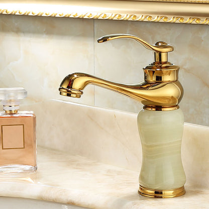 Skorter | Deck Mounted Copper Tub Faucet Low Arc Roman Tub Faucet Set with Jade
