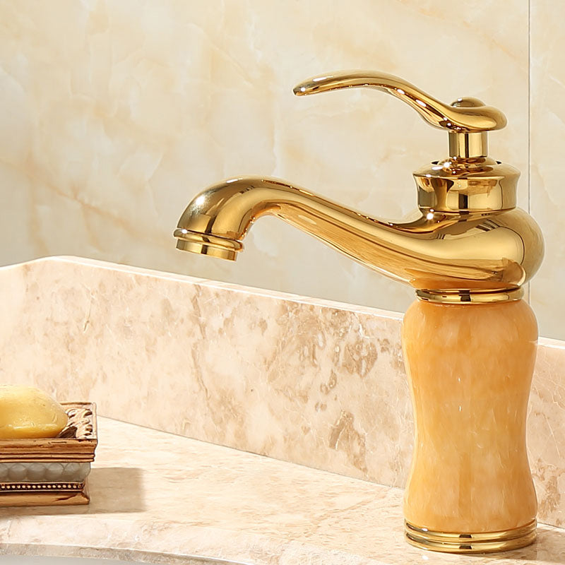 Skorter | Deck Mounted Copper Tub Faucet Low Arc Roman Tub Faucet Set with Jade
