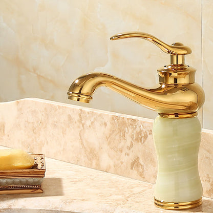 Skorter | Deck Mounted Copper Tub Faucet Low Arc Roman Tub Faucet Set with Jade