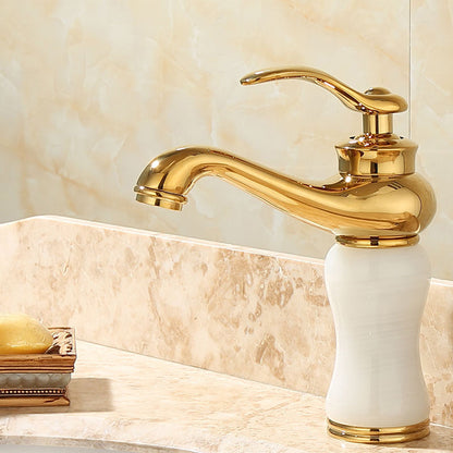 Skorter | Deck Mounted Copper Tub Faucet Low Arc Roman Tub Faucet Set with Jade