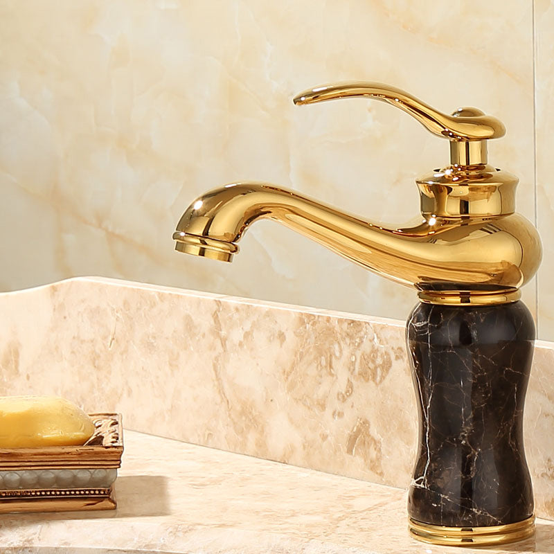 Skorter | Deck Mounted Copper Tub Faucet Low Arc Roman Tub Faucet Set with Jade