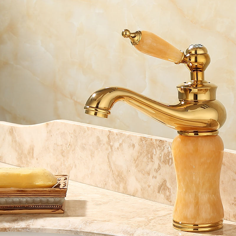Skorter | Deck Mounted Copper Tub Faucet Low Arc Roman Tub Faucet Set with Jade