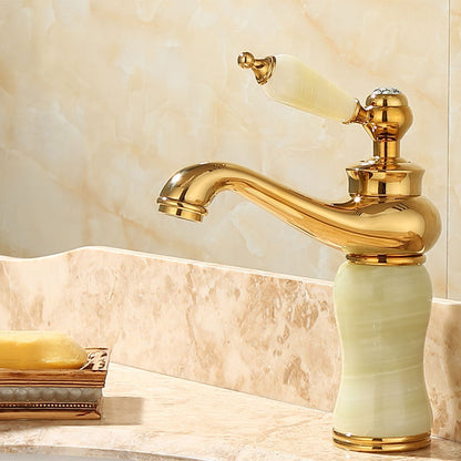 Skorter | Deck Mounted Copper Tub Faucet Low Arc Roman Tub Faucet Set with Jade