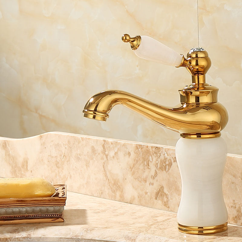 Skorter | Deck Mounted Copper Tub Faucet Low Arc Roman Tub Faucet Set with Jade