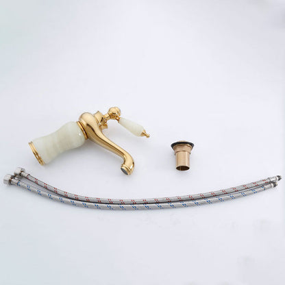 Skorter | Deck Mounted Copper Tub Faucet Low Arc Roman Tub Faucet Set with Jade