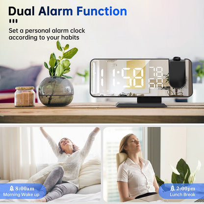 Skørter | Projection alarm clock for the bedroom, digital alarm clock radio with USB charging ports, 7.3" large LED display and 4 adjustable dimmers, double alarm clock with temperature and humidity indicator, snooze (Black)