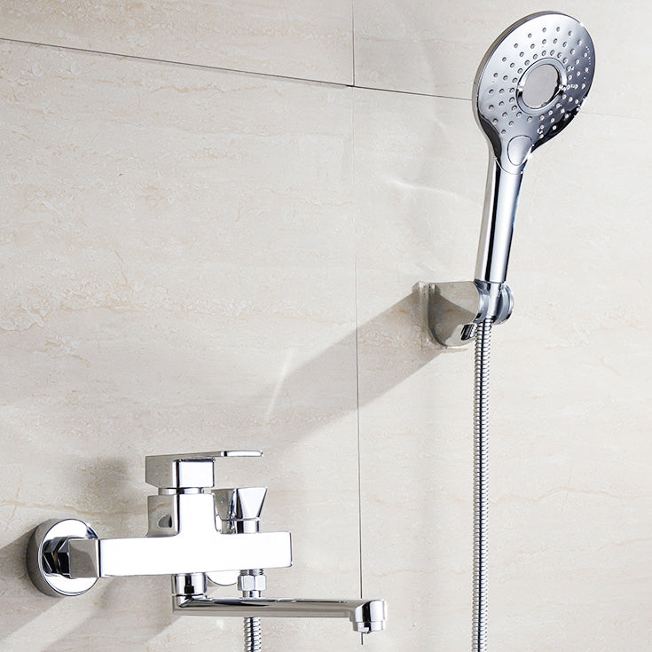 Skorter | Chrome polished bathroom faucet wall-mounted with swivel spout and hand shower