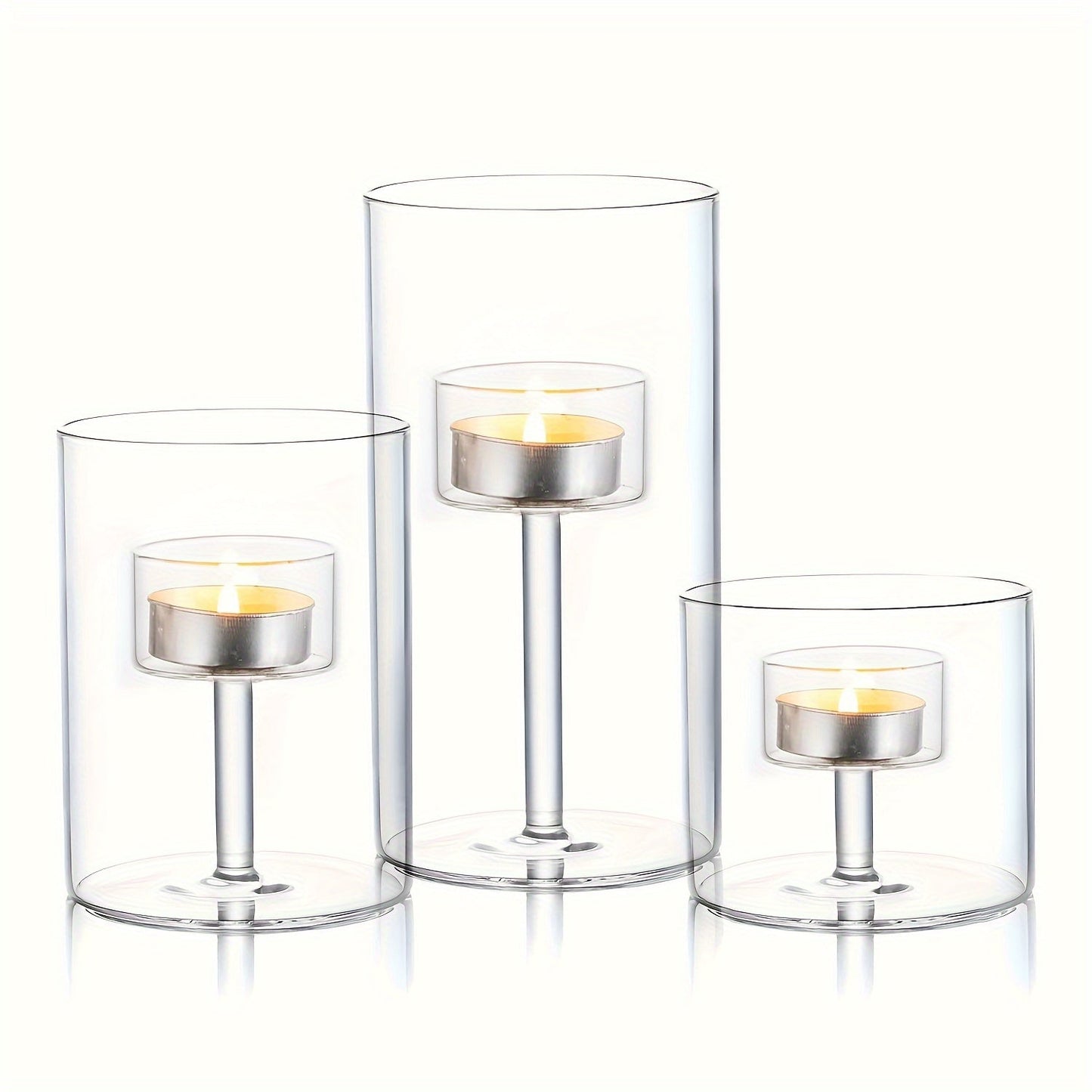 Skorter | 3-piece cylindrical glass candle holder set – Transparent hurricane candle holders for table decoration, weddings, and home decoration