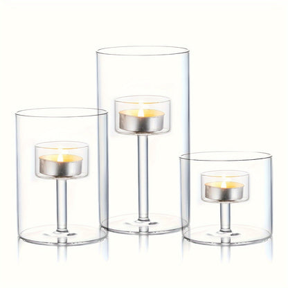 Skorter | 3-piece cylindrical glass candle holder set – Transparent hurricane candle holders for table decoration, weddings, and home decoration