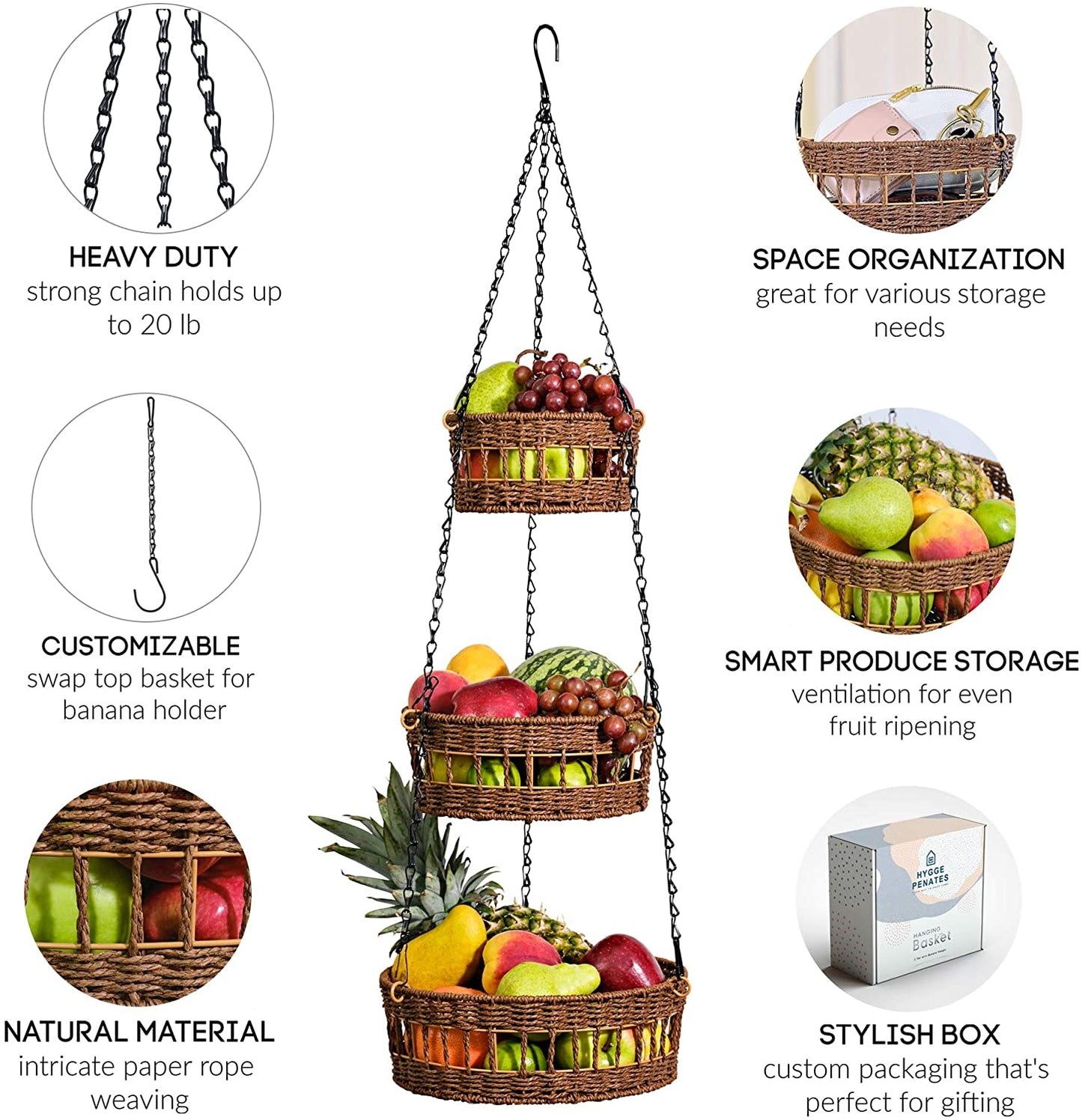 Skorter | 3-layer hanging fruit basket woven vegetable storage and fruit organizer with banana holder -