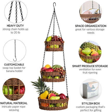 Skorter | 3-layer hanging fruit basket woven vegetable storage and fruit organizer with banana holder -