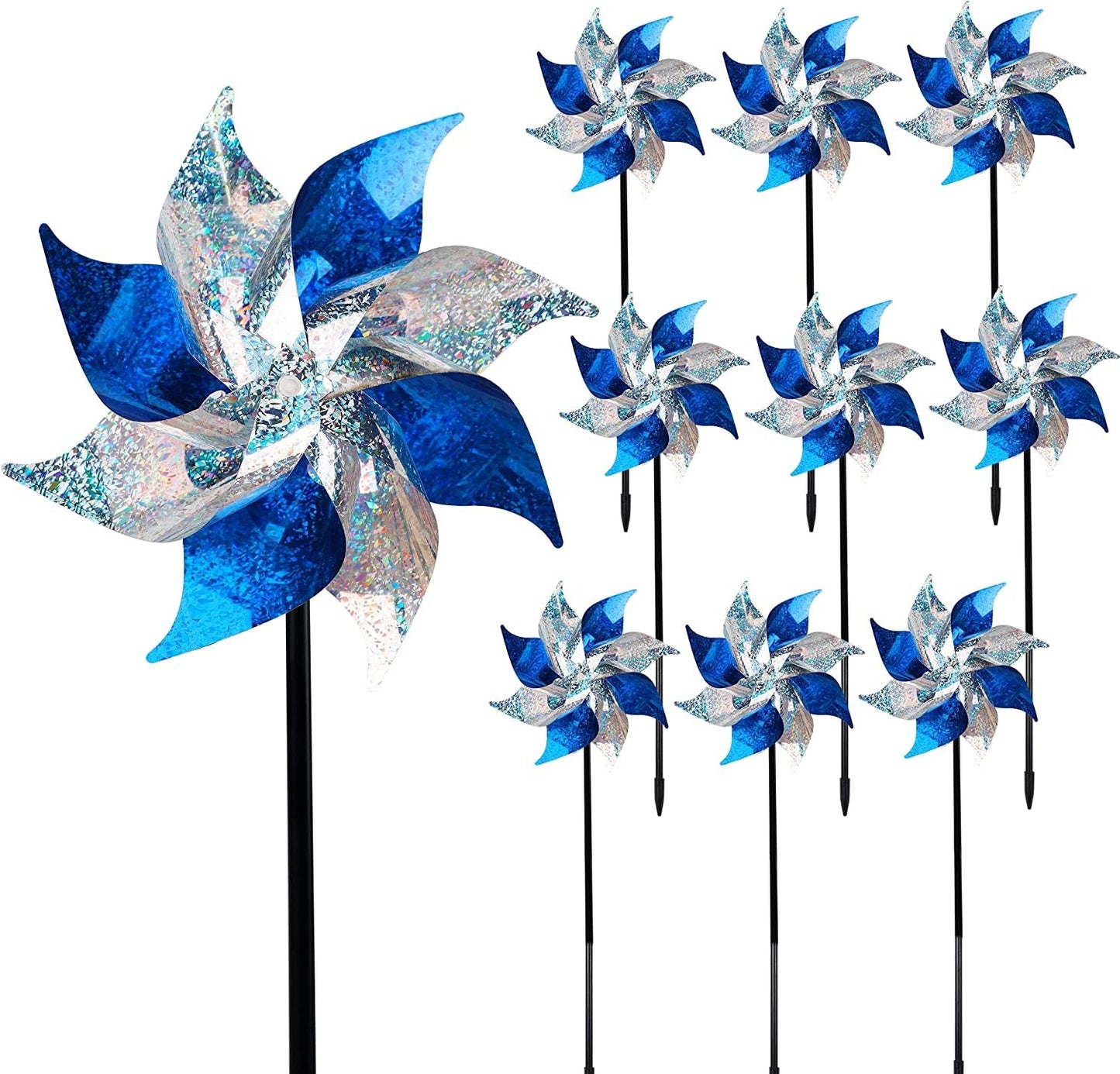 Skorter | 10 Pack Reflective Pinwheels Patriotic Decorations, American Flag on Pole Wind Spinner with Support for Independence Day, Memorial Day July 4th Party Supplies, Scare Birds Repellent Devices