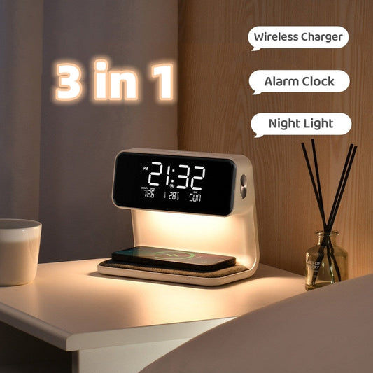 Skorter | 3-in-1 Bedside Lamp with Wireless Charger – LCD Alarm Clock & Touch Dimmable LED Table Lamp
