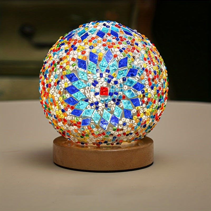 Skorter | Mosaic glass ball table lamp with wooden base - Turkish Moroccan inspired