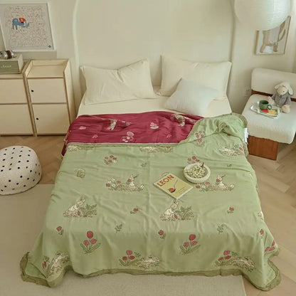 Skorter | Embroidered Bunny Floral Cotton Blanket