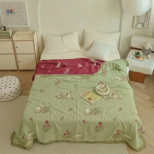 Skorter | Embroidered Bunny Floral Cotton Blanket