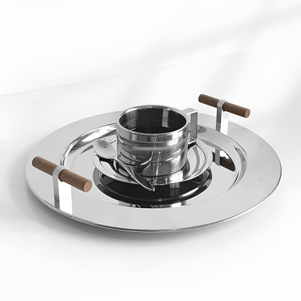 Skorter | Elegant Stainless Steel Round Tray with Wooden Handles
