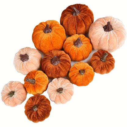 Skorter | Autumn Decoration Pumpkin Set – 12 Pieces Artificial Pumpkins with Velvet Finish