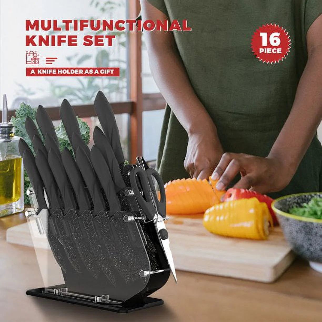 Skorter | 16 Piece Ceramic Coated Knife Block Set with Scissors
