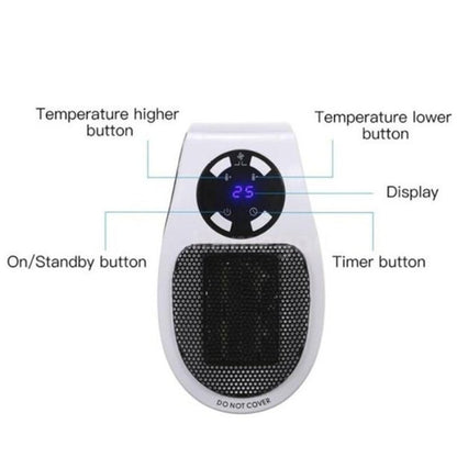 Skorter | 500W Room Heater - LED Display Wall Socket Electric Plug with Adjustable Thermostat & Timer