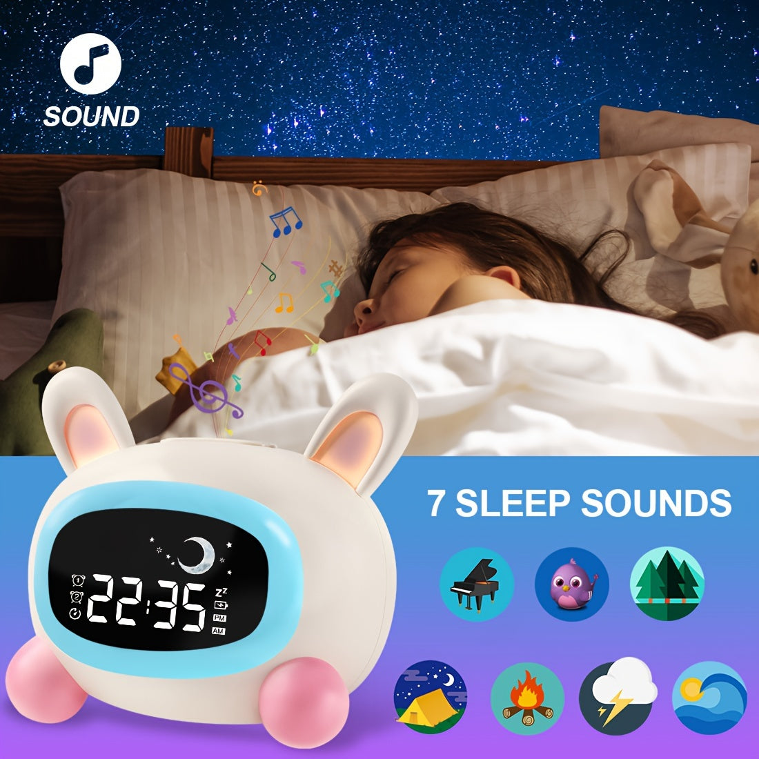 Skorter | BunnyTime - Cute Sleepytime Alarm Clock with Music and Night Light
